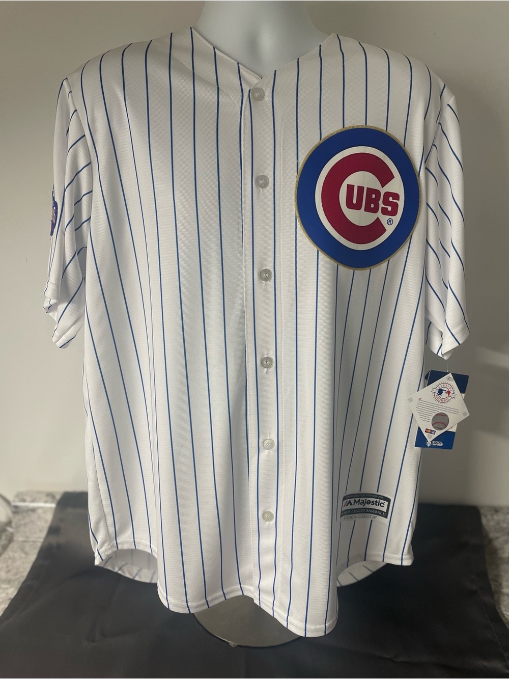 World champion 2016 Majestic White Pinstripe Cubs Jersey with Blue and Red Patch